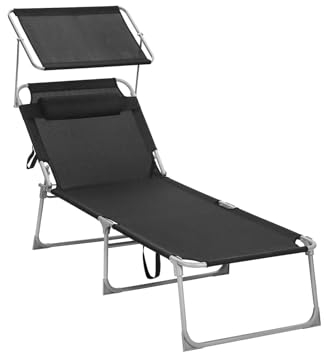 SONGMICS Große Sonnenliege, klappbarer Liegestuhl, 71 x 200 x 38 cm, Belastbarkeit 150 kg, mit Sonnenschutz, Kopfstütze und Verstellbarer Rückenlehne, für Garten Pool Terrasse, schwarz GCB22BK