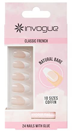 Invogue Coffin Natural Bare False Nails With Glue 24 Pack