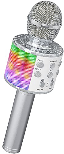 Ankuka Micrófono Karaoke Bluetooth Micrófono Inalámbrico Karaoke Micrófono Niña con Luces LED Regalo Juguetes para Niños Micrófono Cambiador de Voz, Compatible con Android, iOS, PC Plata
