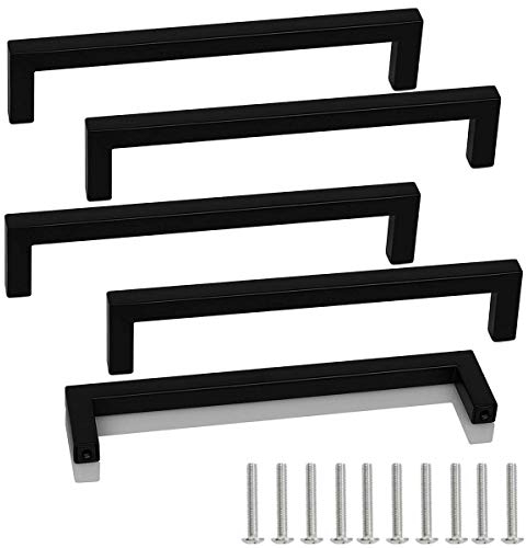 Drenky Black Kitchen Handles, 5 Pcs Stainless Steel Square T Bar Handles for Drawers & Cabinets - 160mm Center Hole with Screw