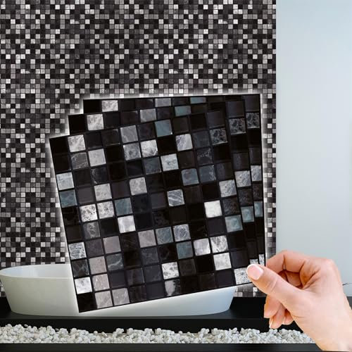 WALPLUS 15cm(6)@48pcs Marquina Metallic Black & White Marble Mosaic Wall Tile Sticker Tile Paint Stick on Tiles Peel and Stick Self Adhesive Tile Sticker for Kitchen Bathroom Tile Transfer Backsplash