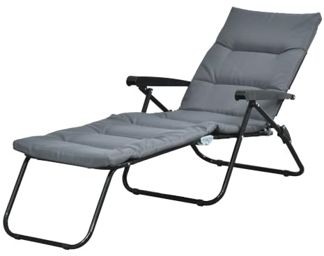Outsunny Bain de Soleil Pliable Transat Inclinable 6 Positions Gris | Grand Confort, Avec Matelas, Accoudoirs, Acier Polyester, leger, Jardin Extérieur