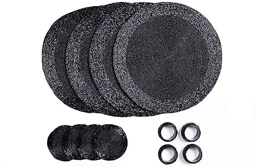 Penguin Home® Set von 12 Tischsets mit Glasperlen, Untersetzer und Serviettenringe - Schwarze Farbe - Runde Tischsets - Handgefertigt von erfahrenen indischen Handwerkern - Durchmesser - 32 cm, 3752
