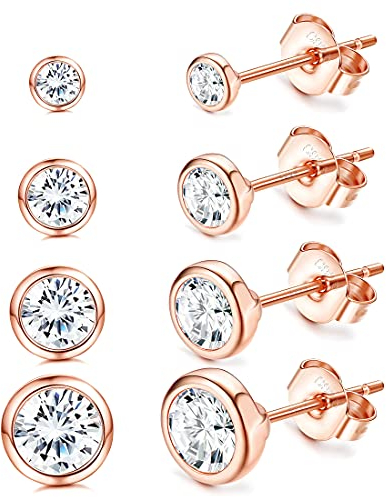 JeweBella 4 Paar Ohrstecker Silber 925 Klein Runde Zirkonia Ohrstecker Set für Damen Herren Mädchen Knorpel Tragus Ohrringe Set Gold/Silber/Rosegold 2/3/4/5 mm