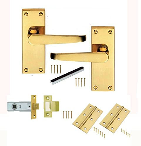Haven Heritage Door Handle Electro Brass Plated Victorian Straight Lever Latch Plus Latch & Hinges