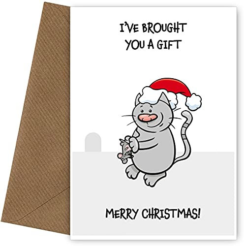 Hey Chimp Lustige Weihnachtskarte von Cat - Brought You A Gift! (Maus) Eine lustige Karte für eine Katze Mama oder Papa Senden Sie Weihnachtswünsche und Grüße mit einer von der Katze Weihnachtskarte