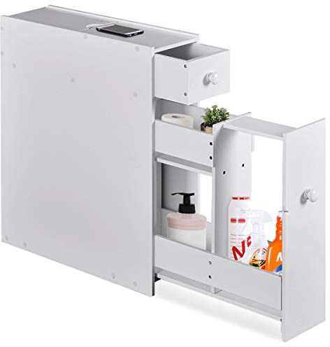 COSTWAY Bathroom Floor Cabinet, Wooden Slim Storage Cupboard with Slide Out Drawers, Home Living Room Hallway Narrow Toilet Paper Organiser Unit (White)