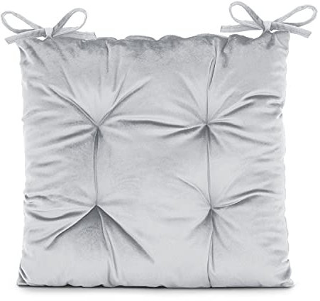 AmeliaHome Stuhlkissen mit Bändern 40x40 cm Sitzkissen Samt Velvet Optik Aleksa Silber