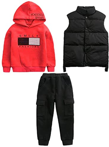 amropi Bambini Ragazzi Tuta Felpa con Cappuccio e Caldo Gilet e Jogging Pantaloni 3 Pezzi Tute Rosso Nero, 5-6 Anni