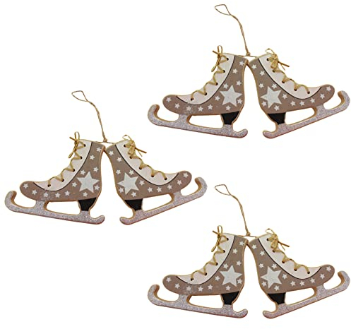 Set Weihnachts-Anhänger 3 Paar Schlittschuhe, Deko-Weihnachten Christbaumanhänger Baumschmuck Hängeornamente aus Holz, 14 x 11 cm (Grau)
