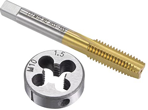 sourcing map Tarauds et Matrices Ensemble Métrique M10 x 1.5 HSS Haute Vitesse Acier Titane Plaqué Machine Droit Cannelure Filetage Vis Taraud Alliage Acier Rond Filetage Matrice