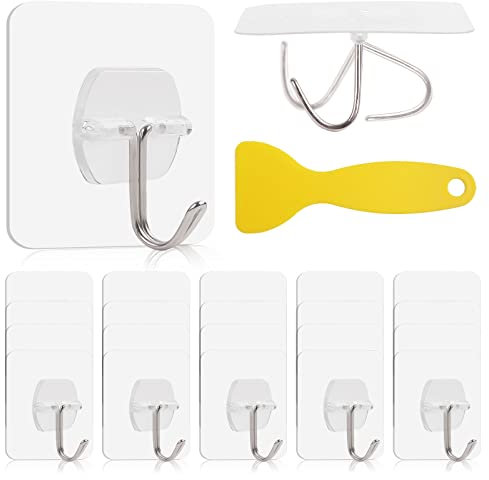 Hooks for Hanging, 20 Pack Sticky Hooks, 30Kg(Max) Self Adhesive Hooks Heavy Duty, Removable Bathroom Hooks, Strong Wall Hanging Hooks, Kitchen Hooks for Bathroom, Kitchen, Ceiling (With Scraper)