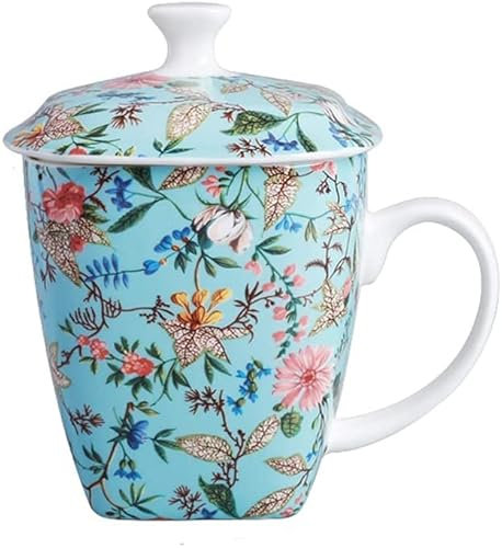 CFLNYC Bone China Mug with Lid, Large Capacity Ceramic Breakfast Coffee Cup, Flower Patterns Tea Cup for Birthday Gift (Color : Green, Size : 17.9oz)