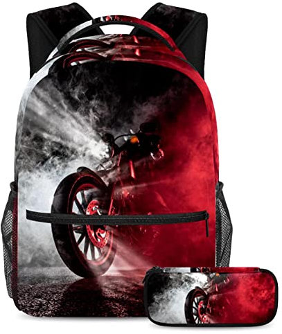School Backpack Pencil Case Set Motorcycle Chopper at Night Casual Bookbags Set for Teens Students