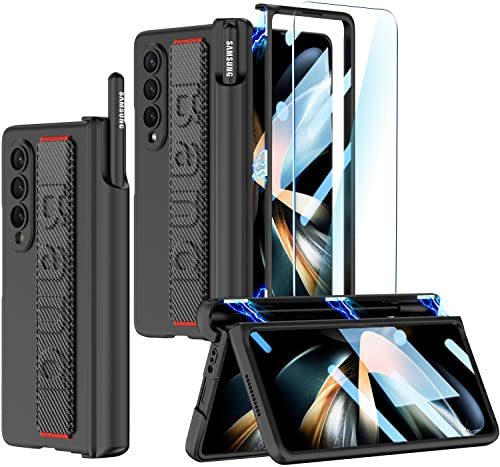 SOUTEM Coque pour Samsung Galaxy Z Fold 4 avec Dragonne et Protection D'écran et Fente pour Stylet S, Housse de Protection à Charnière Magnétique Antichoc Anti-Rayures pour Z Fold 4(sans Pen),Noir