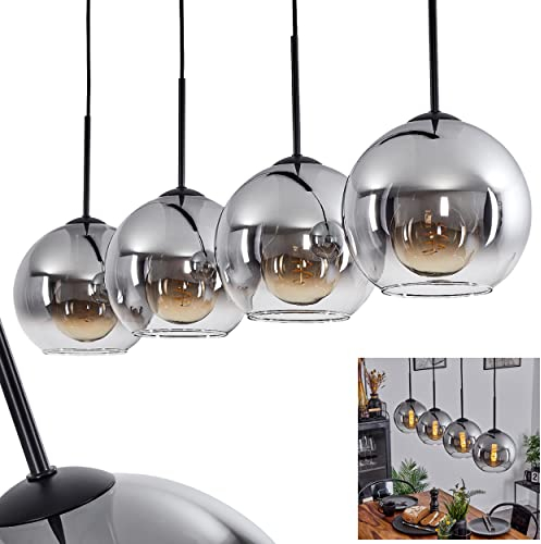 Hängeleuchte Koyoto, Hängelampe aus Metall/Glas in Schwarz/Rauchfarben/Klar, Leuchte 4-flammig im Vintage/Retro Design mit Schirmen aus Glas (Ø 20 cm), Höhe max. 152,5 cm, 4 x E27, ohne Leuchtmittel