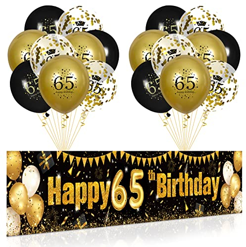 65. Geburtstag Party Deko für Mann Fraue Schwarzes Gold, Luftballons 65. Geburtstag Schwarz Gold Banner und 18 PCS 65. Happy Birthday Konfetti Ballons für Deko 65 Jubiläum Geburtstagsparty Dekoration