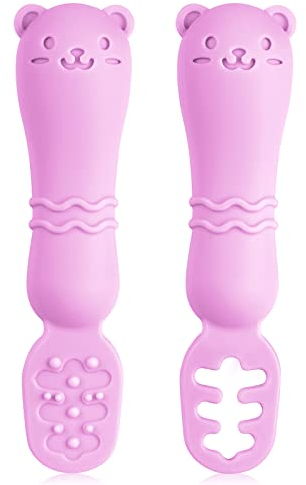 Vicloon Baby Fork and Spoon Set, 2Pcs Silicone Spoon Baby Weaning Spoon Set Self Feeding Utensil Easy Grip Toddler Cutlery Kit, Soft Baby Spoon for Infant Toddler (Purple)