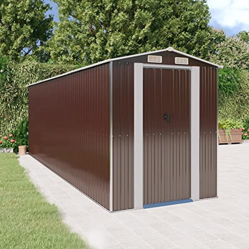Yolola XXL Gerätehaus Metall Geräteschuppen 192 x 606 x 223 cm Gartenhaus Metall Metall Gartengerätehaus Garten Schuppen Lagerschuppen Gerätehaus Gartenhäuser Verzinkter Stahl Dunkelbraun
