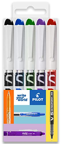 PILOT V PEN - Erasable Disposable Fountain Pen - 0.6mm Nib Tip - Medium Line - Pillow Pack of 5 - Black, Blue, Red, Green & Violet