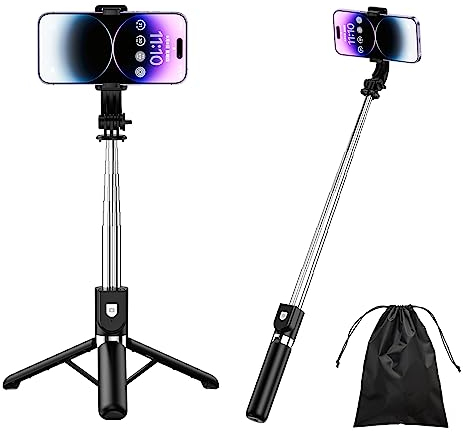 H.May Perche Selfie, 4 en 1 Perche Selfie Trépied Renforcé et Stable Tige Télescopique, 110cm Selfie Stick Trépied Monopode Réglable Compatible avec iPhone, Android, Gopro, Camera, Noir