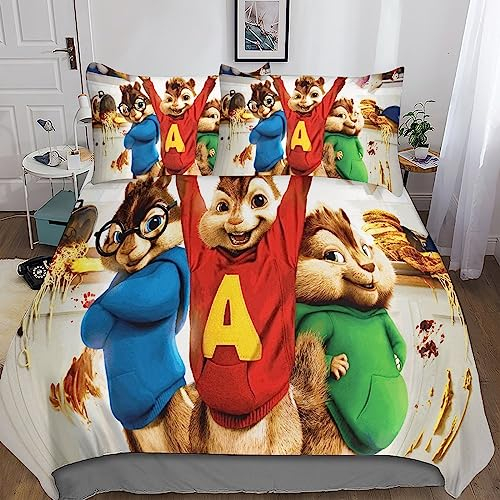 BARDYS Alvin and The Chipmunks 3D Gedruckte Bettwäsche Set 3teilig Bettbezüge Mit Reißverschluss Weiche Und Angenehme Schlafkomfort Microfaser Bettbezug Retro Kinder Mit Kissenbezug Double(200x200cm)