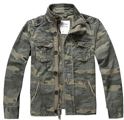 Admitted &Feeling Militärjacke für Herren, Camouflage, Cargo-Stehkragen, Bomberjacken, Grün, Camouflage, L