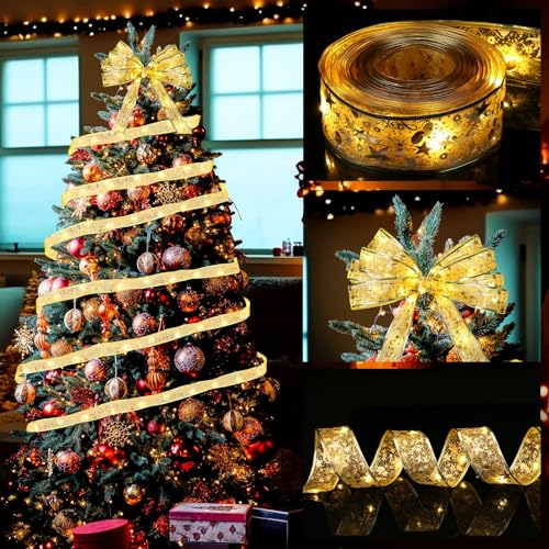 Encham Weihnachtsband Lichter 5m 50Led Weihnachtsbeleuchtung Band Weihnachtsbaum Lichterkette Weihnachtslichterkette für Party Hochzeiten Innen und Außen Weihnachtsdeko