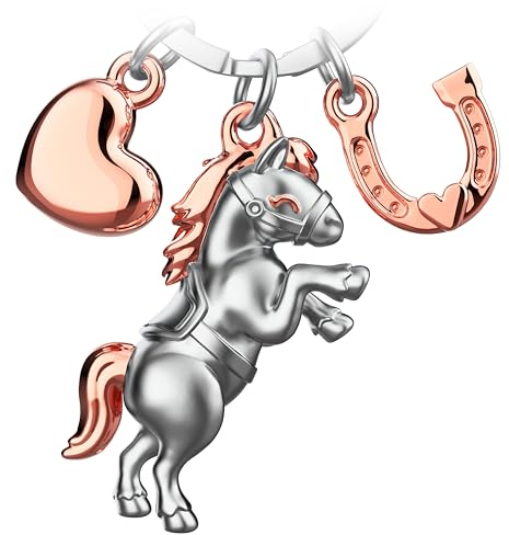 FABACH Porte-clés cheval porte-bonheur avec cœur et fer à cheval - Porte-bonheur pour les amateurs de chevaux - Cadeau, Or rose, 1, Moderne