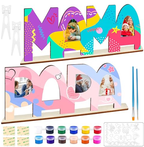 2 Stück Holzbuchstaben Mom and Dad Bastelset mit Farben Pinseln Malzubehör etc, Weihnachtsgeschenke Mom Papa Geburtstagsgeschenk Papa Foto Geschenk Papa Geschenk Geburtstag Handgefertigte Fotorahmen
