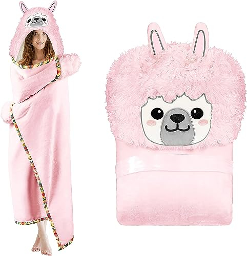 SASIGAYA Tragbare Decke mit Ärmel und Kapuze Flanell Rosa Alpaka Geschenke für Frauen Sofadecke Flauschig Kuscheldecke mit Knöpfen Sherpa Ärmeldecke TV-Decke Weich Warm Wohndecke Winterdecke 152×125cm