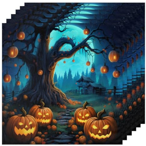Halloween Kürbis Laterne Baum Stoffservietten Set von 6 Stück Polyester Stoff Abendessen Servietten Waschbar Urlaub Stoffservietten Wiederverwendbare Dekorative Alltagsservietten für Essen