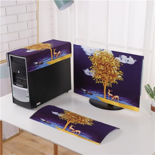Hixingo Cubierta Antipolvo Computadora Juego de 3 Piezas, Protector de Monitor Teclado PC Host Ordenador, Funda Antipolvo para Computadora de Escritorio (27 Pulgadas,arbol Dorado)