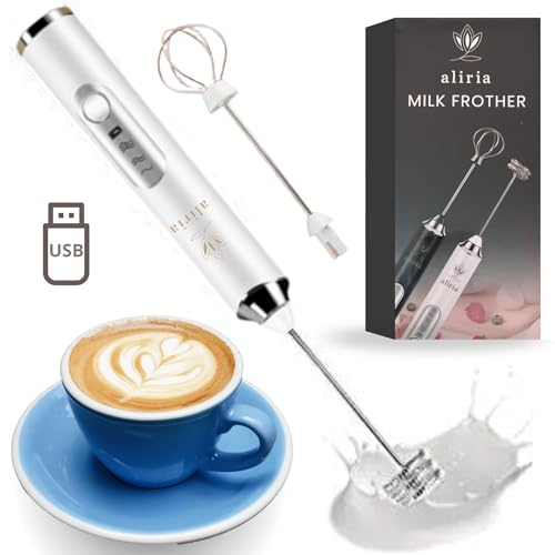 ALIRIA Espumador de Leche Electrico Recargable USB 3 Velocidades, Batidor de Cafe Latte, Huevos, Capuchino, Matcha, Cacao, Emulsionador, Batidora Manual Montar Claras/Nata. (BLANCO)