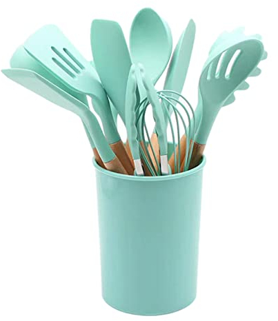 Set di Utensili da Cucina in Nylon Verde, Set di Utensili da Cucina da 12 Pezzi con Manico in Legno per Cucinare Utensili da Cucina per Pentole Antiaderenti