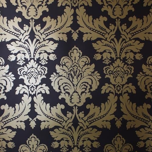 SOPHIE LAURENCE Black & Gold Damask Wallpaper - Vintage Floral Metallic Finish, Easy Apply & Washable (0.52m x 10.05m, Covers 5.2sqm) - Perfect for Any Room