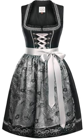 Funspread Dirndl Damen Midi Schwarz - Dirndlkleid mit Spitzenschürze Trachtenmode Kleid für Oktoberfest 36