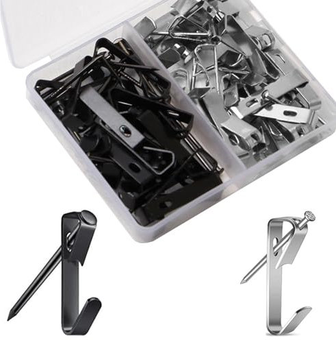 40pcs Picture Hooks with Nails, 30 lbs Duty Picture Hooks Frame Hanging Hooks kit, Stainless Steel Photo Frame Hooks Kit on Wall for Hanging Mirror Picture Clock Calendars Decoration (Black& Silver)