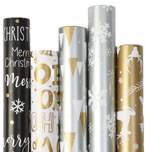 Weihnachtsgeschenkpapier - 5x 3M Rolle Weihnachtsgeschenkpapierrolle für Geschenkboxen Geschenkverpackung Weihnachtsdekoration (43 x 15M) (Gold)