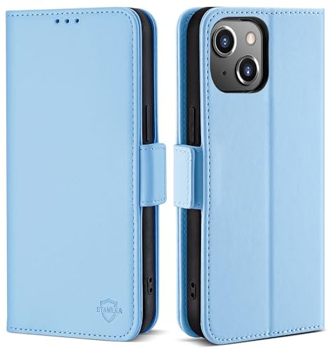 STAWLKA Wallet Case for iPhone 13 (6.1), RFID Blocking Card Holder Kickstand Magnetic Closure Flip Folio PU Leather Cover Shockproof Protective Phone Case for iPhone 13 - Light Blue
