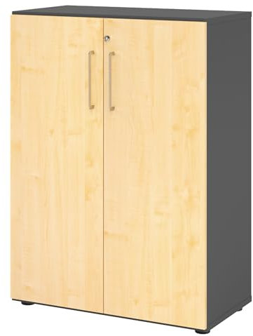 bümö Aktenschrank abschließbar, Büroschrank Holz 80cm breit in Graphit/Ahorn - abschließbarer Schrank mit Aktenregal für's Büro & Arbeitszimmer, Büro Möbel Ordnerschrank mit Schloss