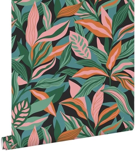 Esta Home Tapete tropische Blätter Türkis, Rosa und Orange 50 x 900 cm