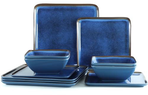 Golonger Square Melamine Dinnerware Set of 12pcs, Blue Dish Set for 4,Unbreakable Plate and Bowl Set, Lightweight, Dishwasher Safe and BPA Free,Suit for RV,Camping