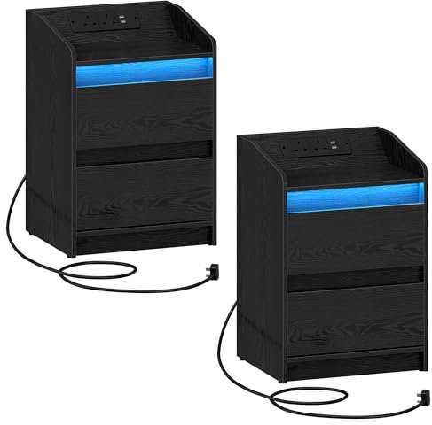 Hzuaneri Bedside Table Set of 2 with LED Lights, Bedside Cabinet with Charging Station and 2 Drawers, Nightstand with USB Ports & Power Outlet, Nightstand for Living Room and Bedroom, Black NS30104XUK