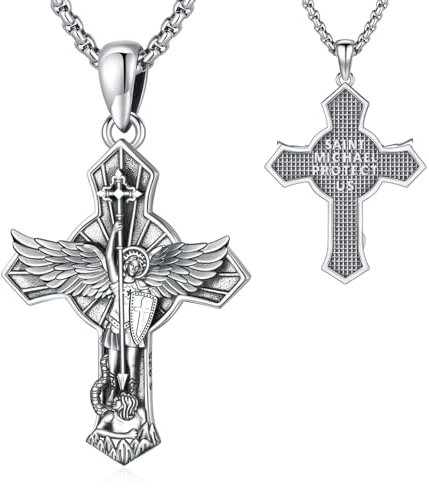 Eusense Sankt Michael Kreuz Halskette 925 Silber Sankt Michael Anhänger Erzengel Beschützt uns Medaille Schutzpatron Amulett Religiöser Schmuck Geschenke für Männer Frauen