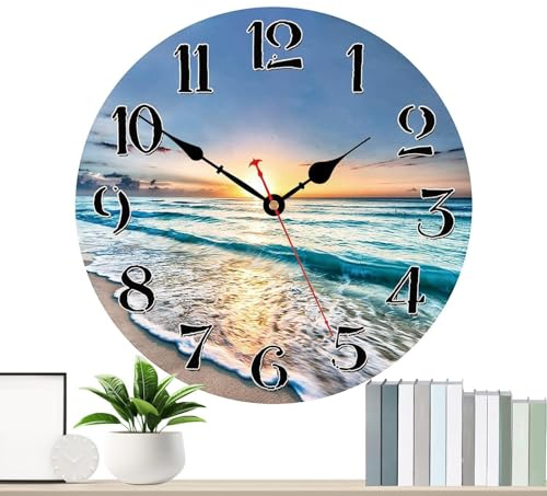 mit Strandmotiv - ohne Ticken, Vintage rustikale Küstenuhr | am Meer, Retro-Holzzahlen, -Wanduhren