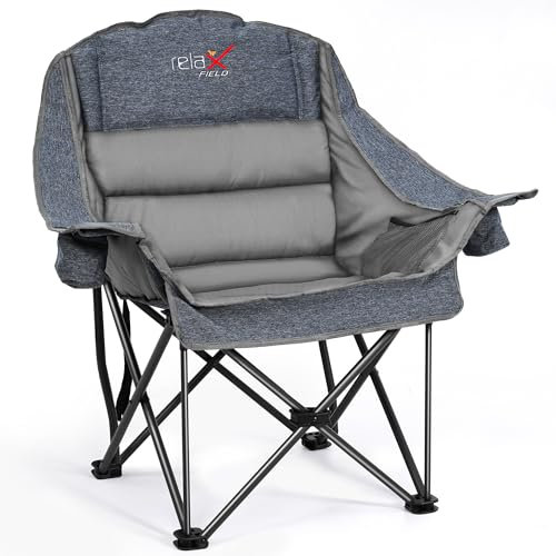 RELAX FIELD Übergroßer Campingstuhl Klappbar, Faltbarer Camping Sessel Gepolstert, Klappstuhl Camping, Anglerstuhl, bis 227 kg Belastbar, Grau