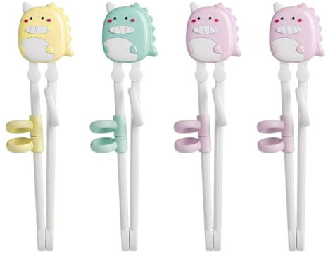 YSDYY Children's Chopsticks, Dinosaur Design, Silicone Material, 4 Pairs (Yellow, Green, 2x Pink), Dishwasher Safe