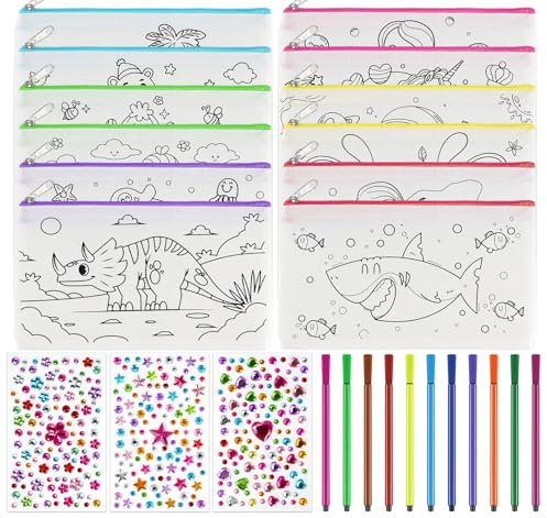 12 Federmäppchen zum Bemalen für Kinder und 12 Bunte Stifte, Beutel zum Bemalen mit 3 Glitzersticker für Kleine Geschenke für Kinder, Kindergeburtstag Gastgeschenke, Gastgeschenke Mädchen Bastelset