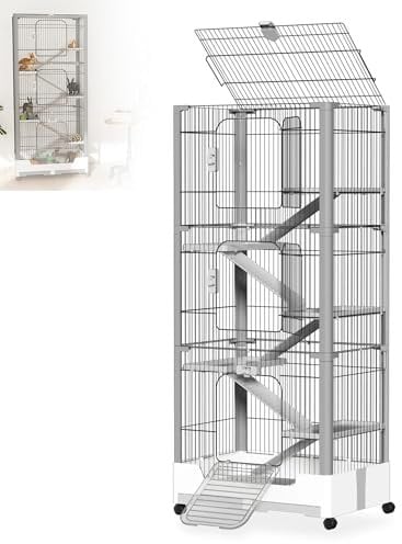 XMTECH Kleintierkäfig mit 6 Ebenen auf Rollen – Metall Kaninchenstall mit Plattformen, Leitern, Kotwannen & Schloss – für Kaninchen, Meerschweinchen, Frettchen – Weiß & Grau
